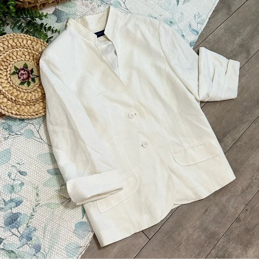 Karen Scott Women’s Cream Blazer Linen Rayon Shoulder Pads Minimalist Size 12